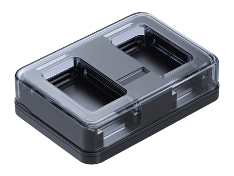 Rectangular, gray, clear plastic enclosure.  Two compartments