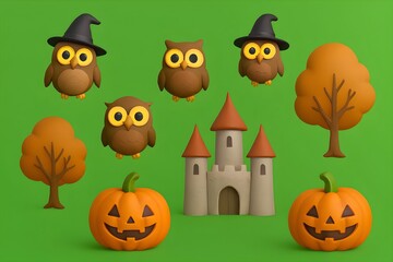 Fototapeta premium 3D Floating Owls and Halloween Pumpkins in Magical Forest Kingdom on Green Background