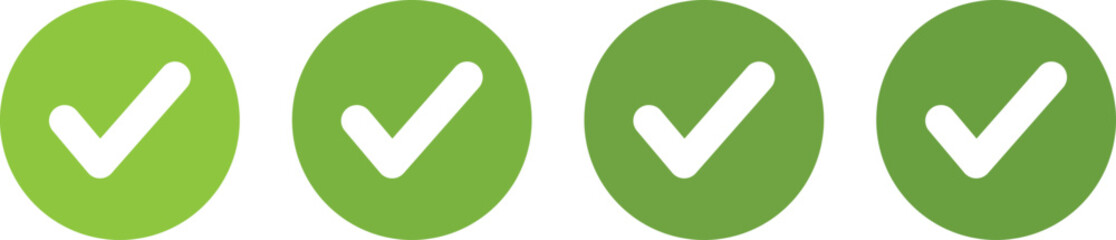 Green shade check mark tick icons in circular design, vector confirmation and approval symbols for apps, websites, and digital projects