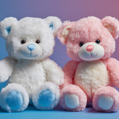 Charming teddy bear couple in soft pink and baby blue. These plush toys are perfect gifts for kids or couples, radiating love and comfort with their pastel tones and cute expressions.
