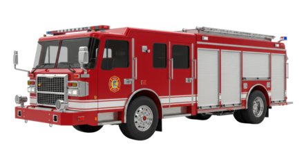 Vibrant red, modern fire truck with polished chrome, dynamic low-angle studio shot, isolated on a white background, concept of advanced safety and protection