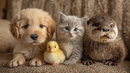 Fototapeta premium Adorable animals gather in cozy setting for a heartwarming moment