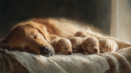 Obraz na płótnie Canvas Golden retriever mother cuddling her playful puppies in a cozy home setting