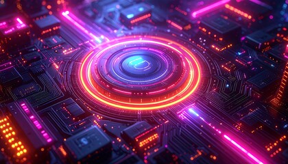 Futuristic circuit board with glowing rings