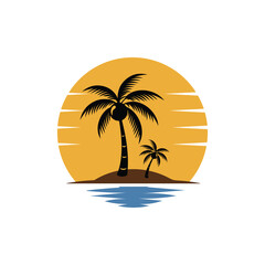 Obraz premium Tropical Sunset Beach Vector | Palm Tree Surf Graphic Design Bundle
