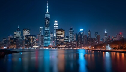 Obraz premium City skyline at night with skyscrapers illuminated
