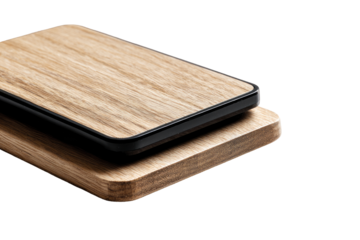 Two rectangular wooden objects, one atop the other, angled slightly. The top piece features a light brown wood grain surface with a dark, black border. The bottom piece is a similar light brown wood