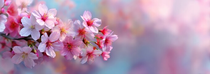 Obraz premium Close-up of delicate pink and white cherry blossoms in full bloom, with a soft, blurred background of pastel colors