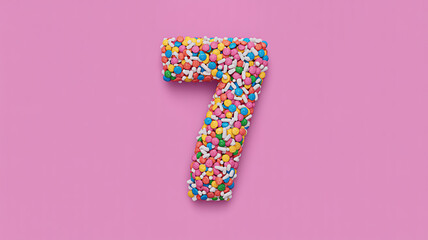 Colorful Number Seven Made of Sprinkles on Pink Background