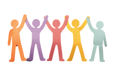 Colorful paper cutouts of people linking hands, arms raised in a celebratory gesture