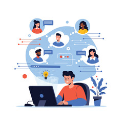 Illustration of a person working on a laptop connecting with colleagues through online communication and collaboration tools creating a virtual team network