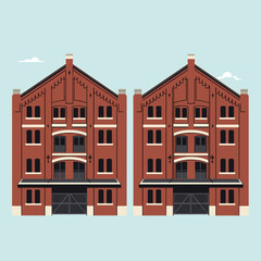 Obraz premium Two identical brick warehouse buildings with peaked roofs and large bay doors under a clear blue sky with fluffy clouds