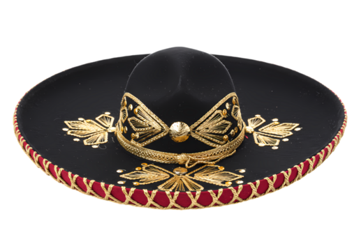 Authentic Mexican Sombrero Black with Gold and Red Trim  Fiesta Hat isolated on transparent background