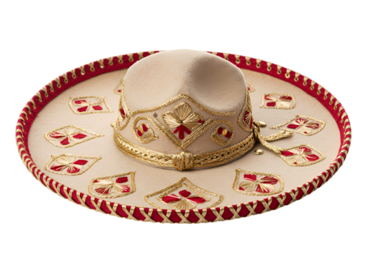 Authentic Mexican Sombrero Elegant Cream and Red Design with Gold Embroidery isolated on transparent background