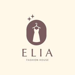 Elia Fashion House Logo Elegant Dress Silhouette on Hanger