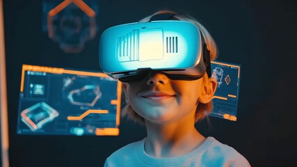 Young boy wearing VR headset smiling with futuristic holographic screens moving in background, concept of immersive virtual reality technology, innovation and digital future experience - Powered by Adobe
