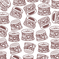 Doodle burger pattern. Seamless pattern of hand-drawn doodle burgers. Seamless pattern of burger background. Hand-drawn pattern featuring sketch-style burgers. Doodle burger icon.
