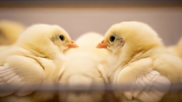 Fluffy, yellow chicks nestled closely, two in sharp focus facing each other