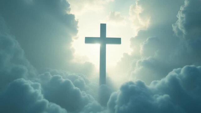 A white cross is slowly revealed through thick clouds, glowing with a powerful light from behind. The camera moves gently toward the cross along a corridor of clouds. Uncertainty turning into faith.