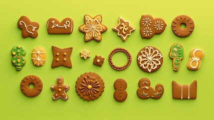 Various types of gingerbread cookies on a green background. Generative AI