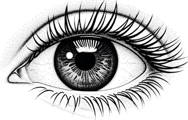Monochrome stipple art illustration of a realistic human eye with detailed iris and long eyelashes, symbolizing vision and perception