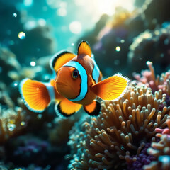 Obraz premium Clownfish swimming in coral reef underwater scene