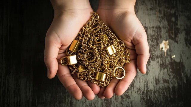 Hands holding a pile of golden chains and rings, symbolizing wealth and treasure.