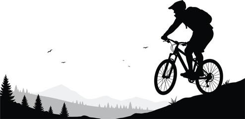 Obraz premium cyclist riding through forest with mountains on transparent background silhouette