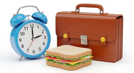 Alarm clock briefcase and sandwich ready for a busy day