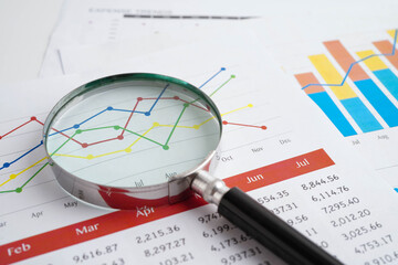 Magnifying glass on charts graphs paper. Financial development, Banking Account, Statistic, Investment Analytic research data economy.