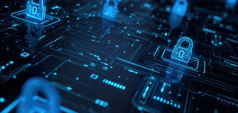 The padlock icons protecting a glowing digital circuit network representing cybersecurity and encryption