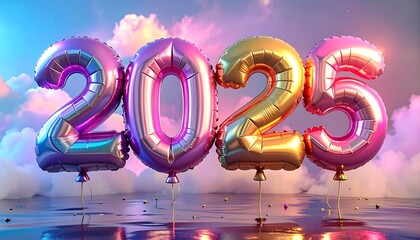 Colorful 2025 balloon numerals on a cloudy backdrop