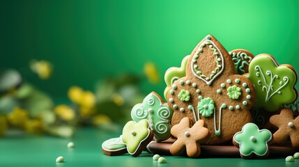 A gingerbread house made of cookies on a green table. Generative AI