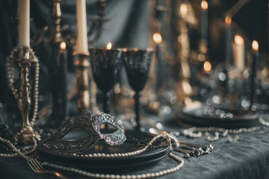 Elegant Venetian Mask Setting with Candles and Pearls on Ornate Table. - Powered by Adobe
