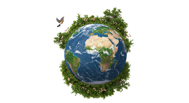 Vibrant Green Earth Symbolizing Environmental Care and Sustainability, isolated on transparent cutout background, cut out, png