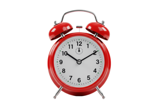 A sleek, modern, vibrant red twin-bell alarm clock with polished metallic details on a transparent studio background with soft, high-key lighting, concept of time and efficiency for business