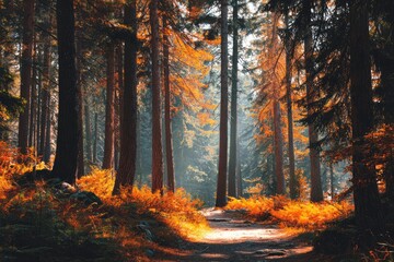 Fototapeta premium Autumn forest path bathed in sunlight (1)