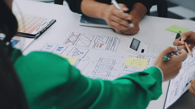 Group of young application developers analyzing uxui mobile app templates during a working meeting