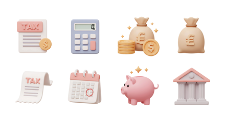 Financial icons for tax, savings, and business planning, isolated on transparent cutout background, cut out, png