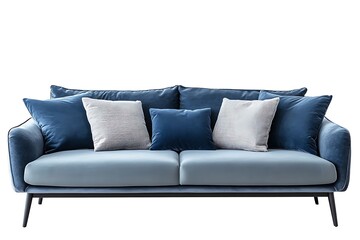 A minimalist living room featuring a cozy sofa with blue pillows.