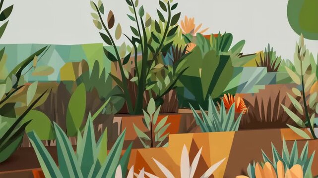 Abstract illustration of green plants in nature, creative artwork, concept of ecology, environment and sustainable lifestyle. Colorful vector drawing of garden vegetation, stylized foliage and bushes