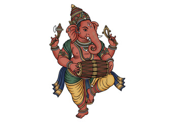 PNG cut out isolated background. A traditional Indian illustration of the Hindu deity Lord Ganesha in a joyful dancing pose while playing a mridangam drum.