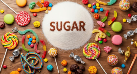  Top view of colorful sweets, candies, lollipops, macarons, and chocolates arranged on a wooden table around a large pile of white sugar with the word "SUGAR" written in cocoa powder. 