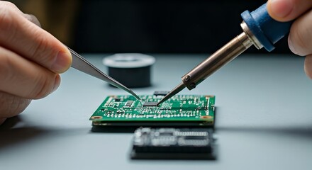 Technician soldering electronic components on a PCB with iron & tweezers