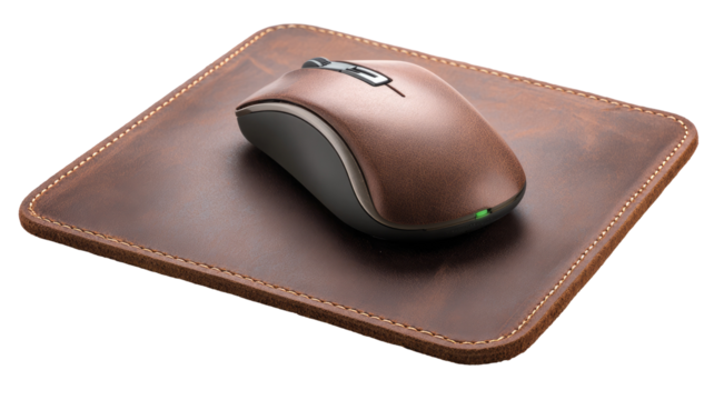 A brown leather mousepad with a dark gray wireless computer mouse centered on it