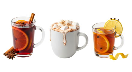 Three winter alcoholic drinks isolated on transparent background, mulled wine