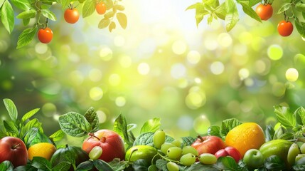 Bright fruits and greens on branches under sunlight — suitable for culinary blogs, healthy eating advertisements, and packaging design.