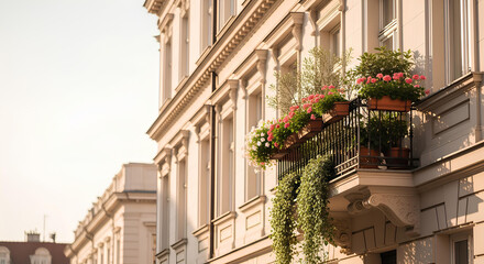 Classic European-style building facade with a balcony full of blooming flowers and lush greenery in morning sunlight