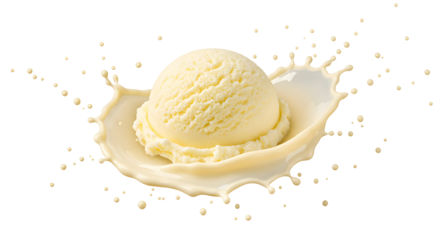 Vanilla ice cream scoop splashing in milk on white background