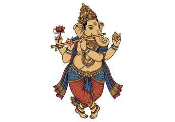 PNG cut out isolated background. A beautiful traditional Indian illustration of the Hindu deity Lord Ganesha. Illustration of Lord Ganesha playing the bansuri flute.

